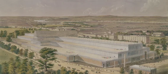 Aeronautische Ansicht des Palastes der Industrie für alle Nationen, von den Kensington Gardens aus gesehen, graviert vom Künstler, veröffentlicht 1851